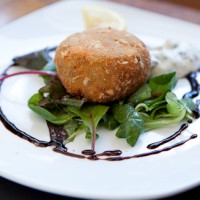 Wild Salmon fishcake on bed of leaves with balsamic dressing